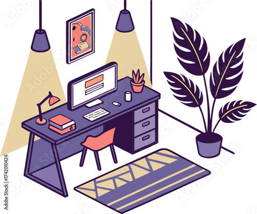 Cozy isometric home office setup with desk computer and plant Illustration