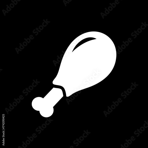 White chicken leg icon on black background.