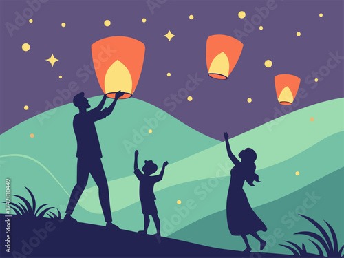 Family releasing sky lanterns under a starry night sky with a crescent moon Illustration