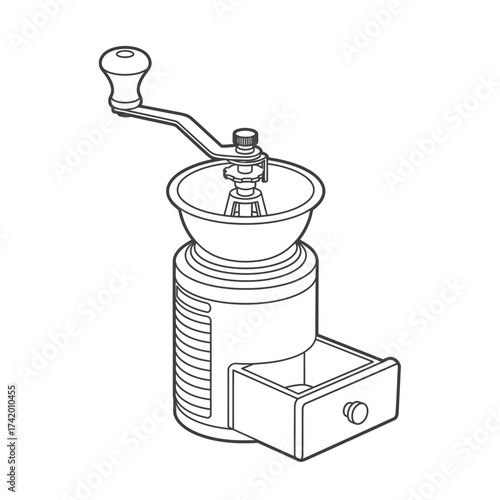 Detailed Line Art Manual Coffee Grinder Outline Icon - Hand-Crank Mill for Beans with Drawer Vector Illustration