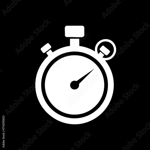 White stopwatch icon on black background for time measurement.