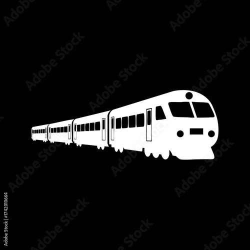Modern passenger train silhouette vector illustration on black background.