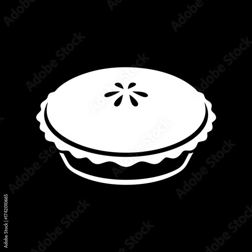 Simple white pie icon on black background with cutouts on top.