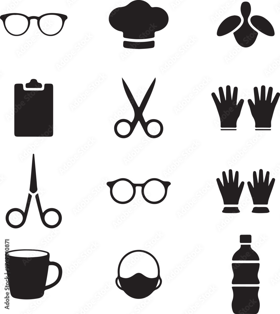 Fototapeta premium Barber and Chef Icon Set - Tools Icon Collection – Scissors, Glasses, Gloves, and Bottle