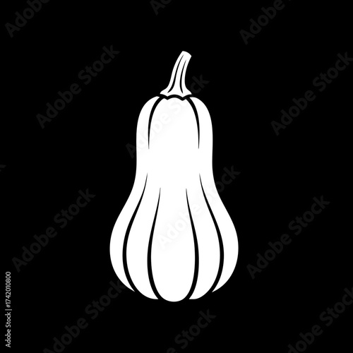 White silhouette of a butternut squash vegetable on a black background.