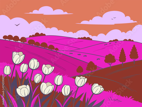Pastoral landscape with rolling hills sheep and tulips Illustration