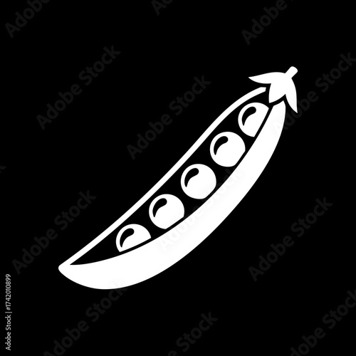 Simple white silhouette of an open pea pod with fresh peas inside a minimalist vector illustration.