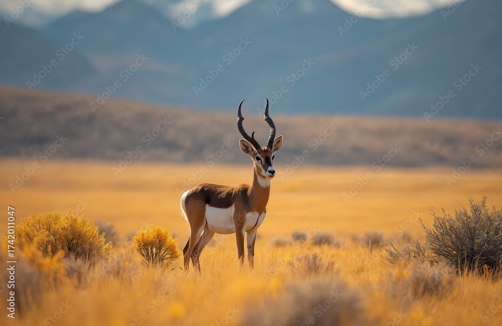 Obraz premium Pronghorn gazelle stands in sunlit golden field with sagebrush and distant mountains. Animal grazes in wild prairie during autumn sunset light, North American wildlife.