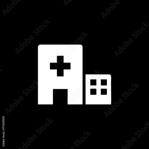 White minimalist hospital building icon with medical cross symbol.