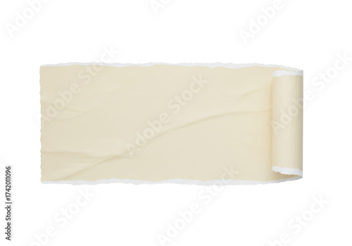 Torn beige paper scroll PNG isolated on transparent background, vintage parchment with ragged edges for design and scrapbooking use