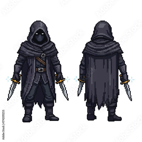 Pixel art illustration of a shadowy assassin character in dark hooded robes, holding two daggers.