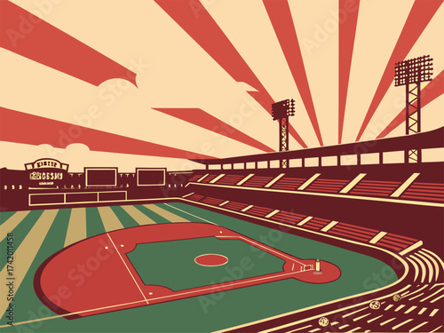 Stylized baseball stadium with retro sunburst sky and floodlights Illustration