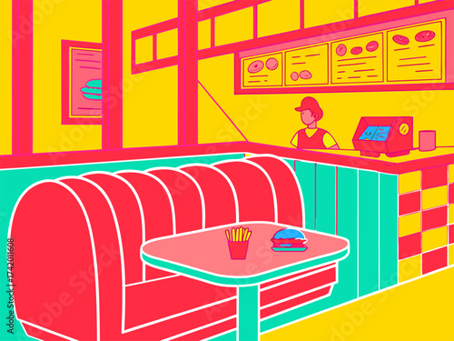 Retro diner booth with burger and fries and counter service Illustration