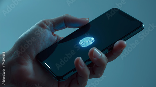 A close-up of a hand holding a smartphone with a glowing biometric fingerprint scanner.