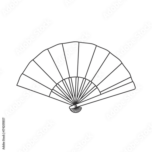 Simple Line Art Folding Hand Fan Outline Icon - Black and White Traditional Asian or Japanese Accessory Vector