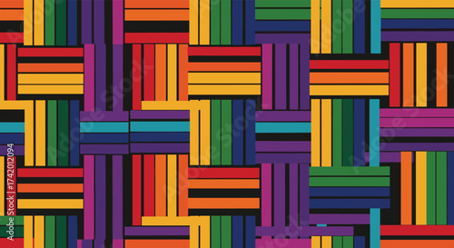 A vibrant abstract pattern of interwoven colorful geometric stripes creating a visually dynamic and engaging design.