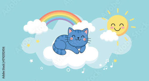 A cute blue cat sleeps soundly on a fluffy cloud under a vibrant rainbow and smiling sun.