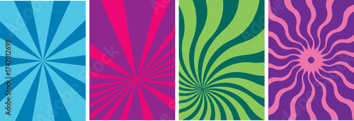 Collection of vibrant groovy poster templates. A set of colorful retro 60s psychedelic backgrounds with bold sunburst and wavy swirl patterns for event flyers.