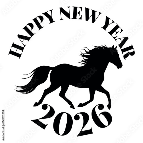 Happy New Year 2026 horse silhouette. Elegant black horse silhouette with Happy New Year 2026 typography, vector design for cards and prints.