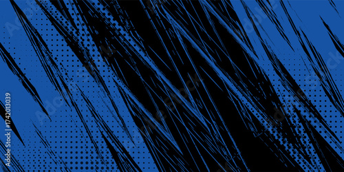 sports background, banner design in blue and black with pointed shapes and empty space. brush stroke pattern