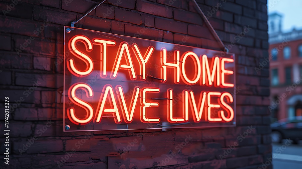 Obraz premium Red neon sign stay home save lives glowing on brick wall during pandemic awareness message
