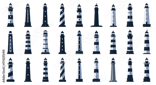 Collection of various lighthouse designs and styles for maritime navigation.