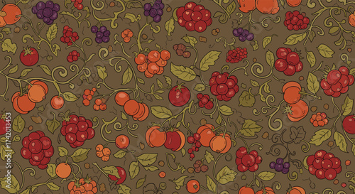 A delightful pattern featuring various berries and green leaves on a muted background.