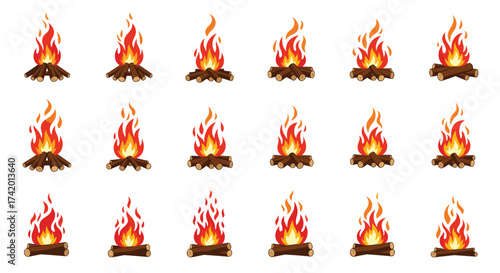 A collection of pixel art campfires with varying flame animations.