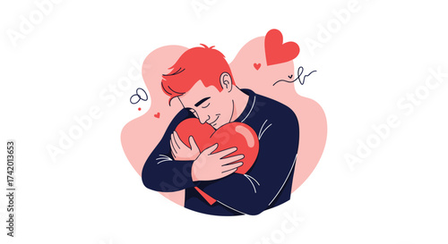 A man hugs a red heart with eyes closed and a smile on his face.