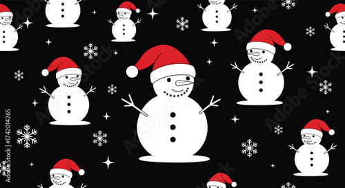 Whimsical winter wonderland snowmen wearing festive santa hats against a starry black background with falling snowflakes.