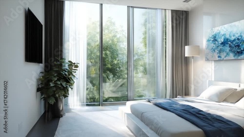 Modern bedroom interior design with large windows and natural light