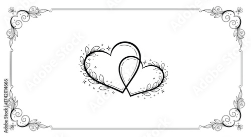 Two intertwining hearts symbolizing love and unity in a decorative frame.