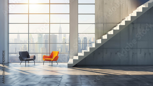 Minimalist architectural interior with modern staircase and sunlight casting shadows