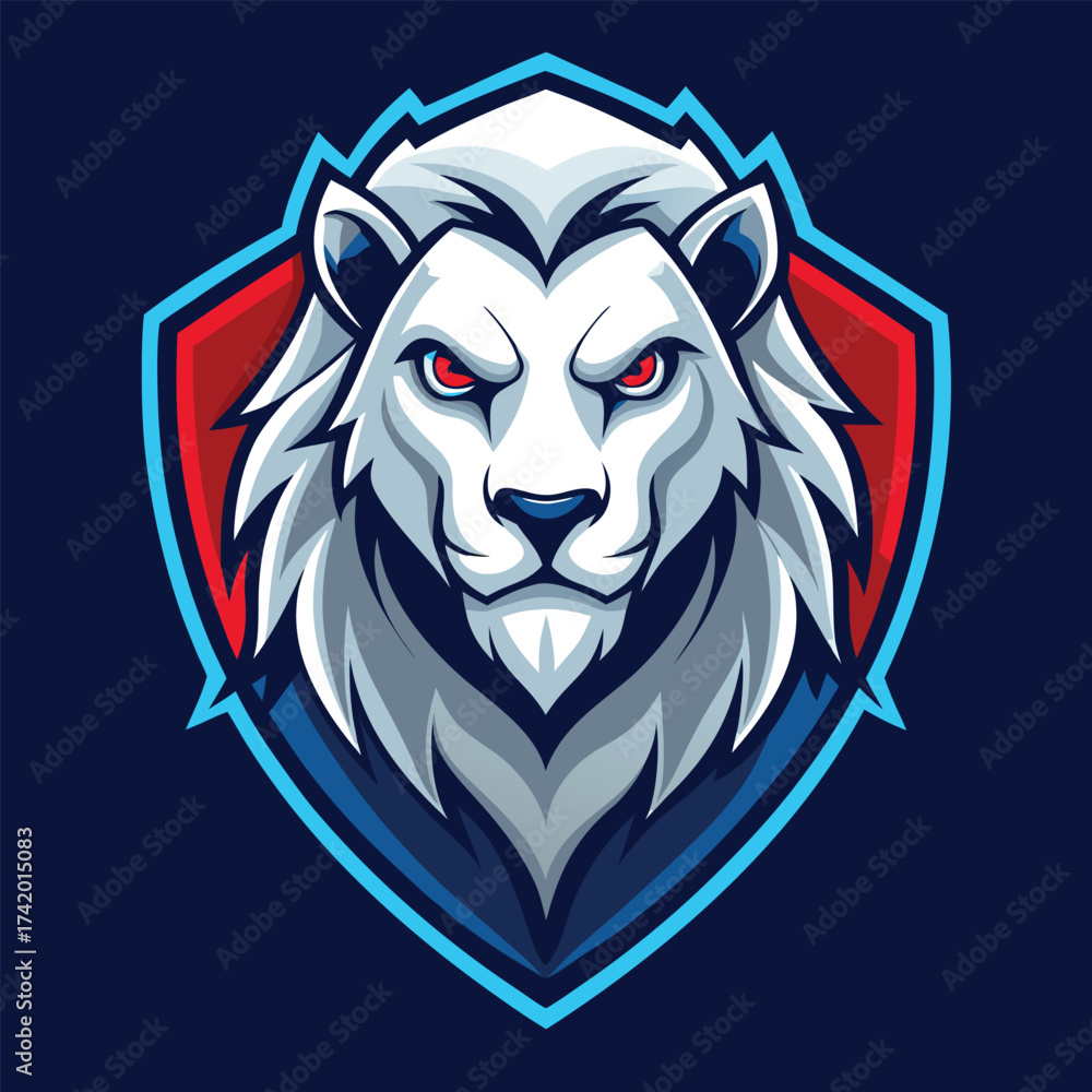 Obraz premium Powerful white lion head mascot logo with shield emblem in a bold modern esports style vector illustration