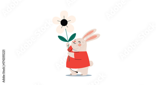 A cute cartoon rabbit wearing a red dress holding a white flower with green leaves.