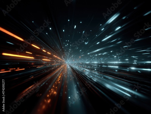 Dynamic light trails create a sense of speed and movement in a dark environment, illustrating the concept of digital acceleration and technological progress.