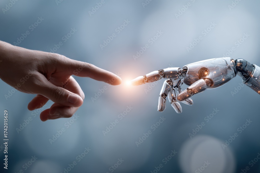 Obraz premium A human hand extends towards a robotic finger, symbolizing the connection between humanity and artificial intelligence in a modern digital world.
