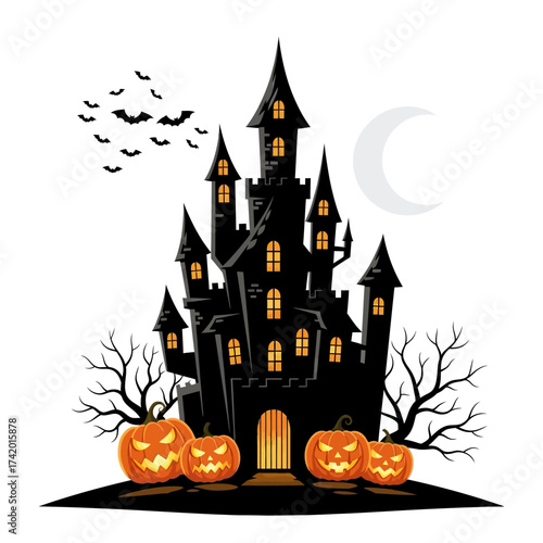 A spooky black haunted castle with glowing windows, bats flying in the night sky, and jack-o'-lanterns in the foreground.