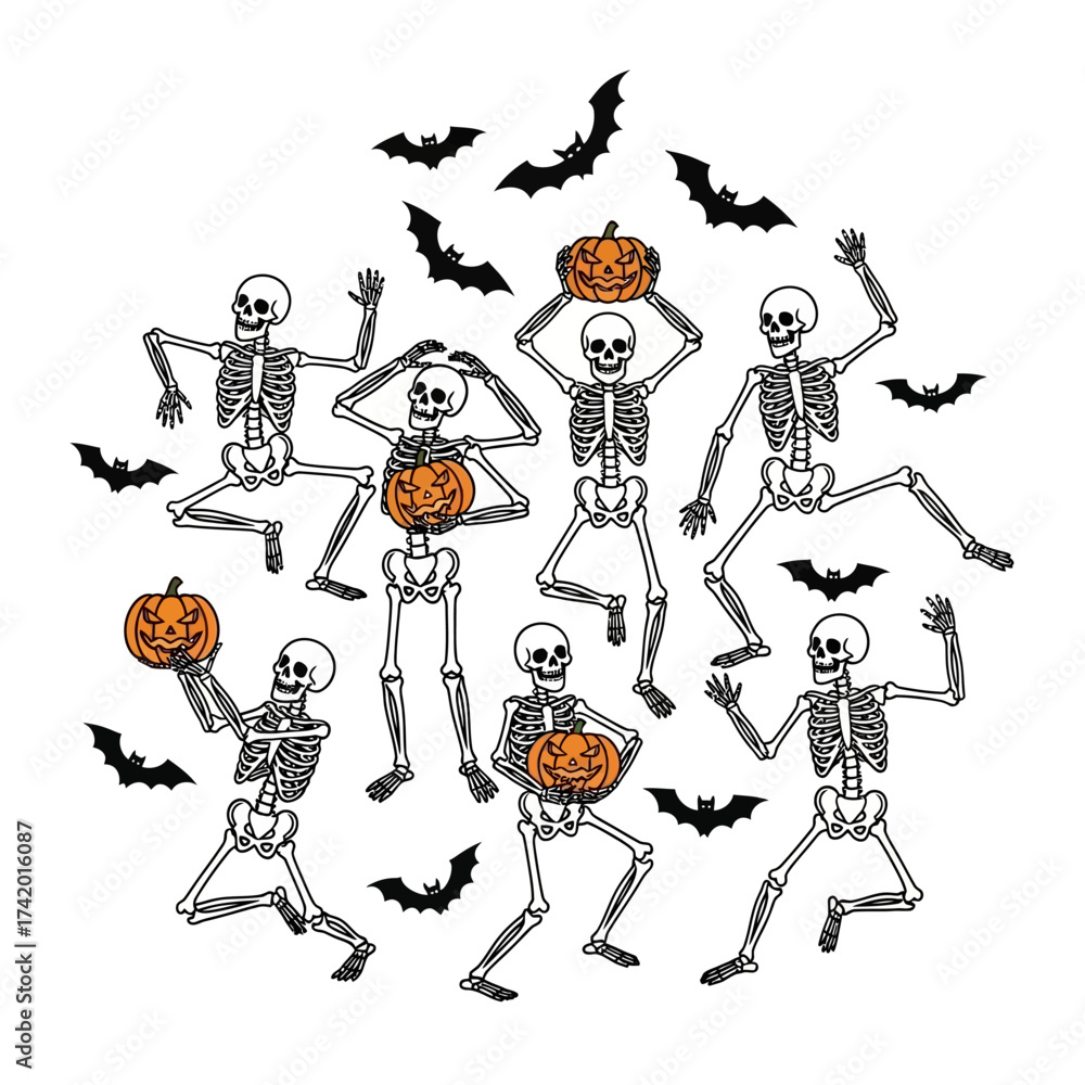 Naklejka premium Skeletons dancing with pumpkins and bats for Halloween.