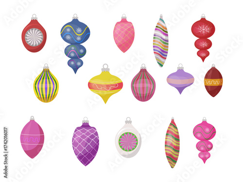 Retro festive christmas ornaments. Vintage christmas balls set. Decorative decorations for Christmas and New Year. Christmas ball. Vector illustration.  