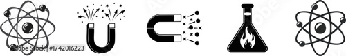 Silhouette of Science and Biology. A series of monochromatic icons representing scientific concepts like atoms, magnets, and laboratory equipment, emphasizing the theme of science and experimentation.