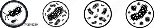 Silhouette of Science and Biology. Abstract illustrations of various bacteria, showcasing their shapes and sizes in circular designs, emphasizing microbiological diversity.