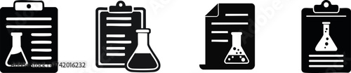 Silhouette of Science and Biology. A series of black-and-white icons depicting laboratory equipment, including beakers and clipboard designs relevant to scientific research and documentation.