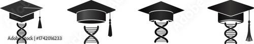 Silhouette of Science and Biology. Four stylized graduation caps featuring DNA strands, symbolizing the connection between education and genetic science.