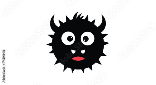 A cute and funny black monster with big eyes and small horns is smiling widely.