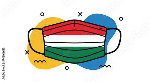 A medical face mask with the Hungarian flag colors is featured in this illustrative graphic art.