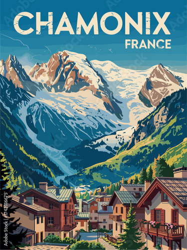 Retro travel poster of Chamonix, France with Mont Blanc’s snowy peak, alpine lodges, flowered balconies, and cobblestone streets under a bright blue sky. Nostalgic vintage mountain illustration.