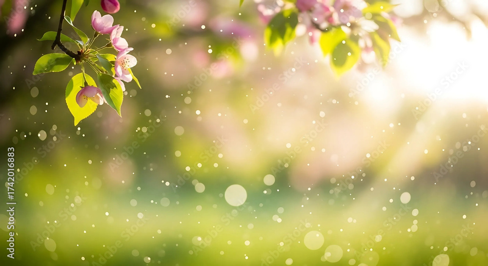 Obraz premium Pink blossoms with sunlight filtering through the trees