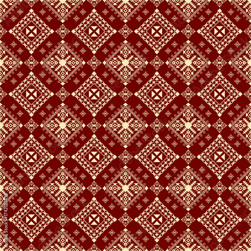 seamless pattern with yellow flowers geometric ethnic on red background