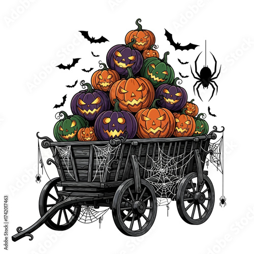 A vintage wooden cart overflowing with a large pile of carved Halloween pumpkins, surrounded by bats and spiders, with spooky spiderwebs.